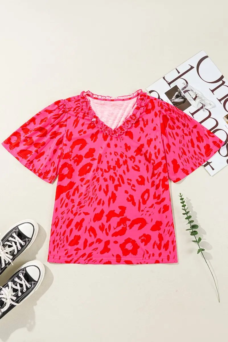 Rose Leopard Frilly V Neck Short Sleeve Blouse for Women - Love Salve